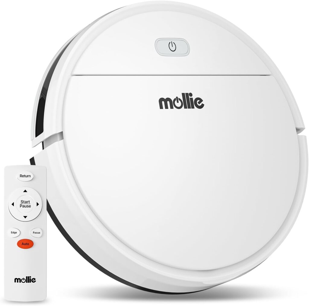 mollie Robot Vacuum Cleaner, Tangle-Free Suction, Auto Self-Charging Robotic Vacuum Cleaner Ideal for Low Carpet Pet Hair Hard Floors, White